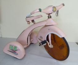 A child's vintage Sky-Princess BB4-90 pink painted metal tricycle with a celluloid covered