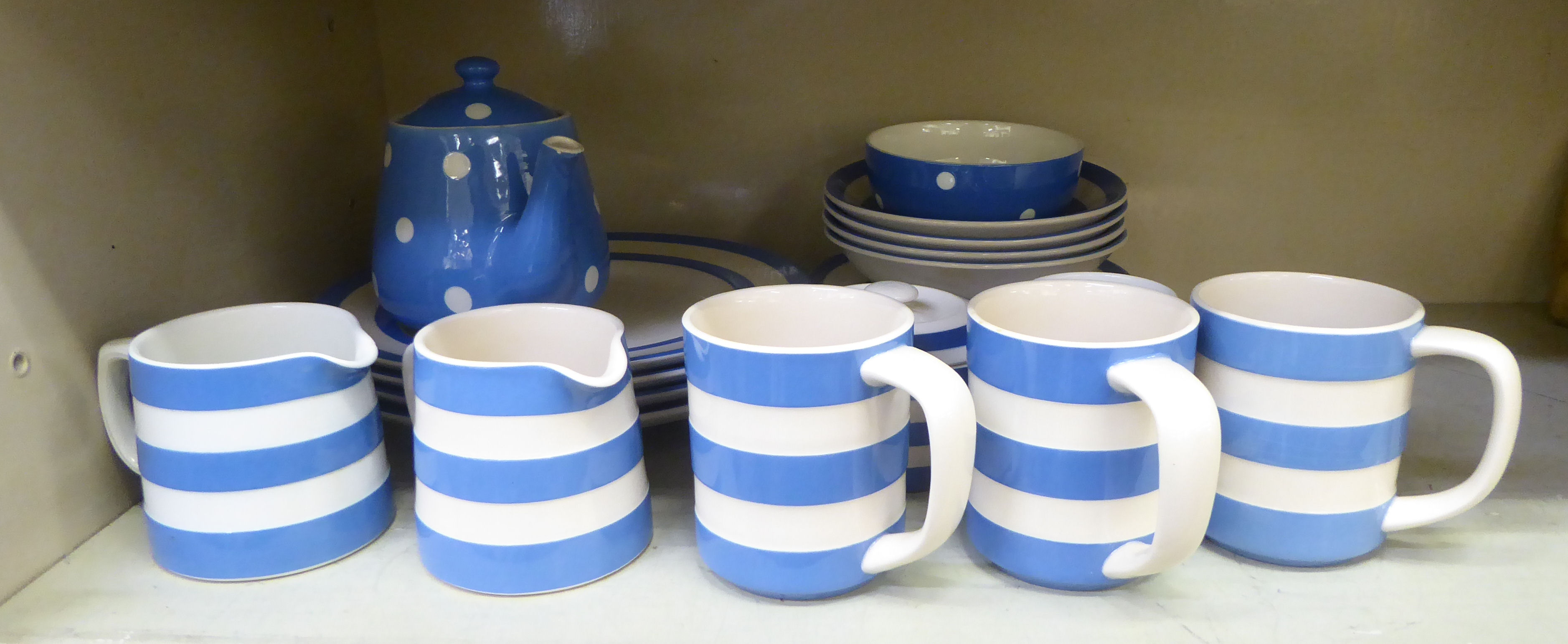 Similar TG Green pottery Blue Cornishware: to include four dinner plates  10"dia; three mugs; a milk