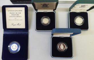 Uncollated British silver proof coins: to include a £2, 1oz fine silver example  boxed/cased