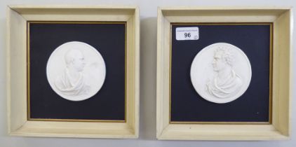Two modern plaster cameos, depicting robed figures  4"dia  framed