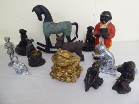 A mixed lot: to include a cast and painted iron 'Uncle Mose' money box  10"h