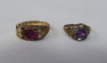 Two 15ct gold cluster rings, each set with a variety of gemstones and pearls