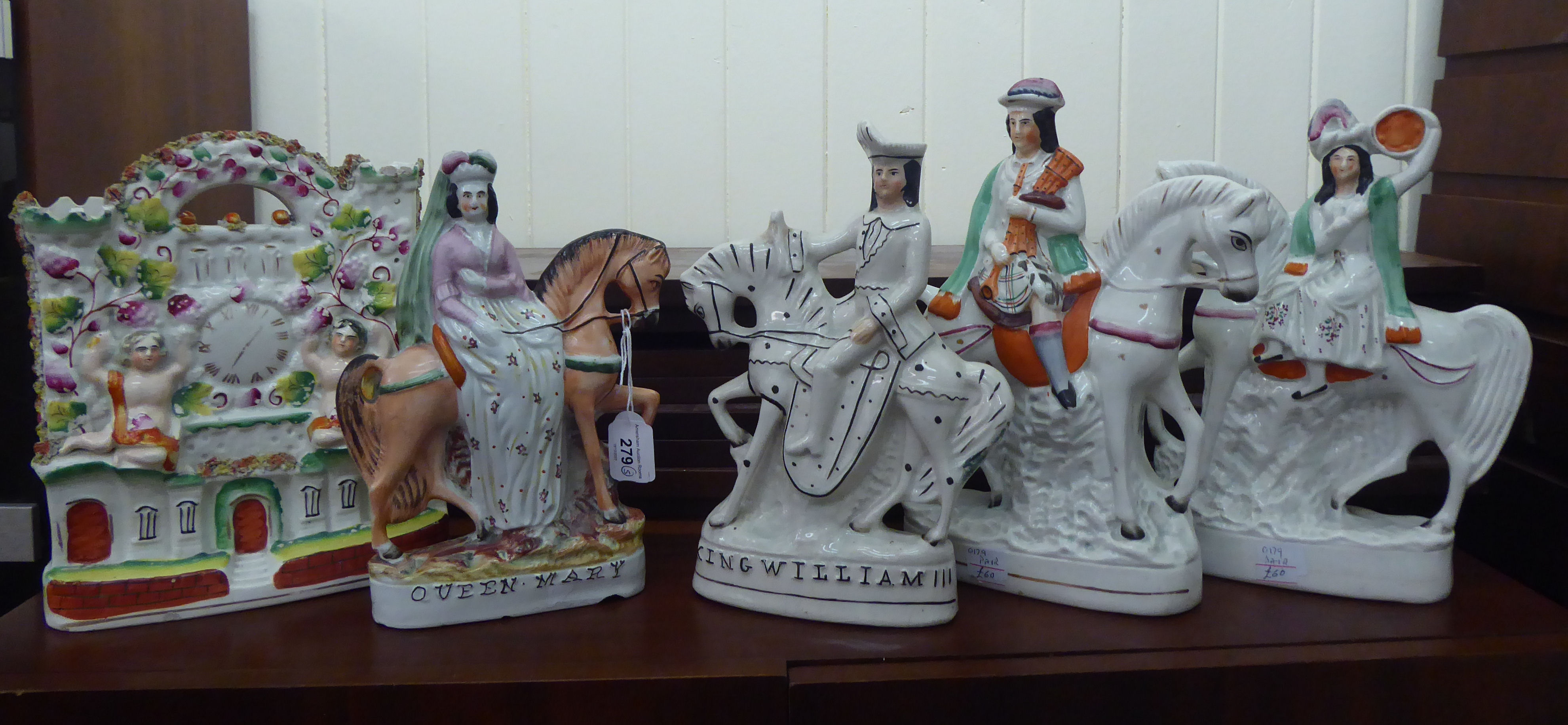 Five 19thC Staffordshire ornaments: to include 'Queen Mary' 10.5"h
