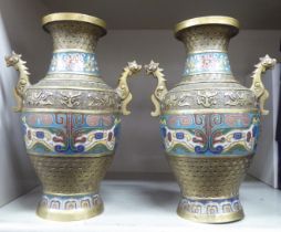 A pair of mid 20thC Chinese cloisonné vases, each with dragon design handles  11"h