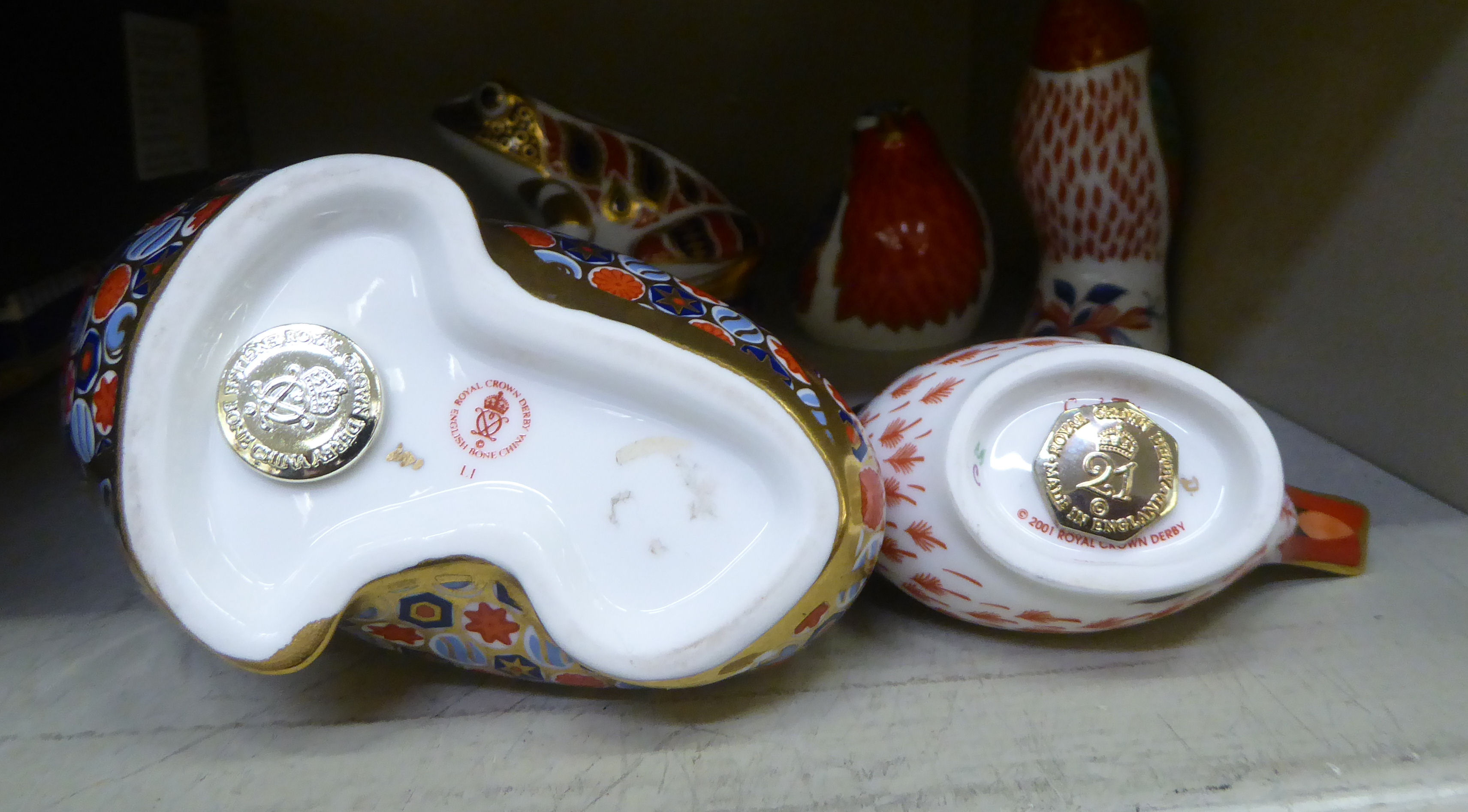 Five Royal Crown Derby china paperweights: to include a frog  4"L; three with gilt; two with - Image 10 of 10