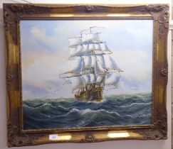 Ambrose - a galleon under full sail on choppy seas  oil on canvas  bears a signature  18" x 23"