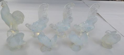 Eight French Sabino semi-opaque glass models: to include cockerels and swans  largest 4"h