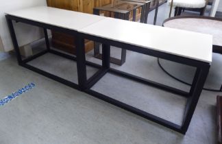 A pair of grey and black painted wooden side tables, raised on square legs  21"h  32"w