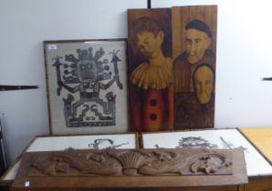 Collectables: to include a carved panel  10" x 36"; and woven fabric pictures, depicting dancers