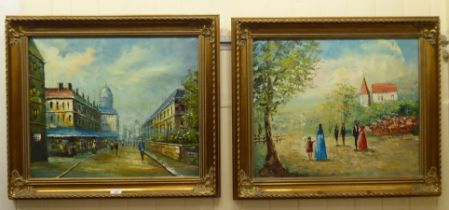 A pair of mid 20thC Parisian street scenes  oil on canvas  19" x 24"  framed