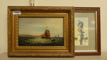 Pictures: to include a late 19thC study of boats on choppy seas  oil on board  5.5" x 8.5"  framed