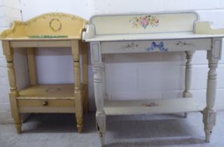 Two similar mid 20thC painted pine washstands, each raised on turned legs  largest 35"h  34"w