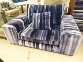 A modern box design settee with a low back, upholstered in striped blue/grey fabric with a cushioned