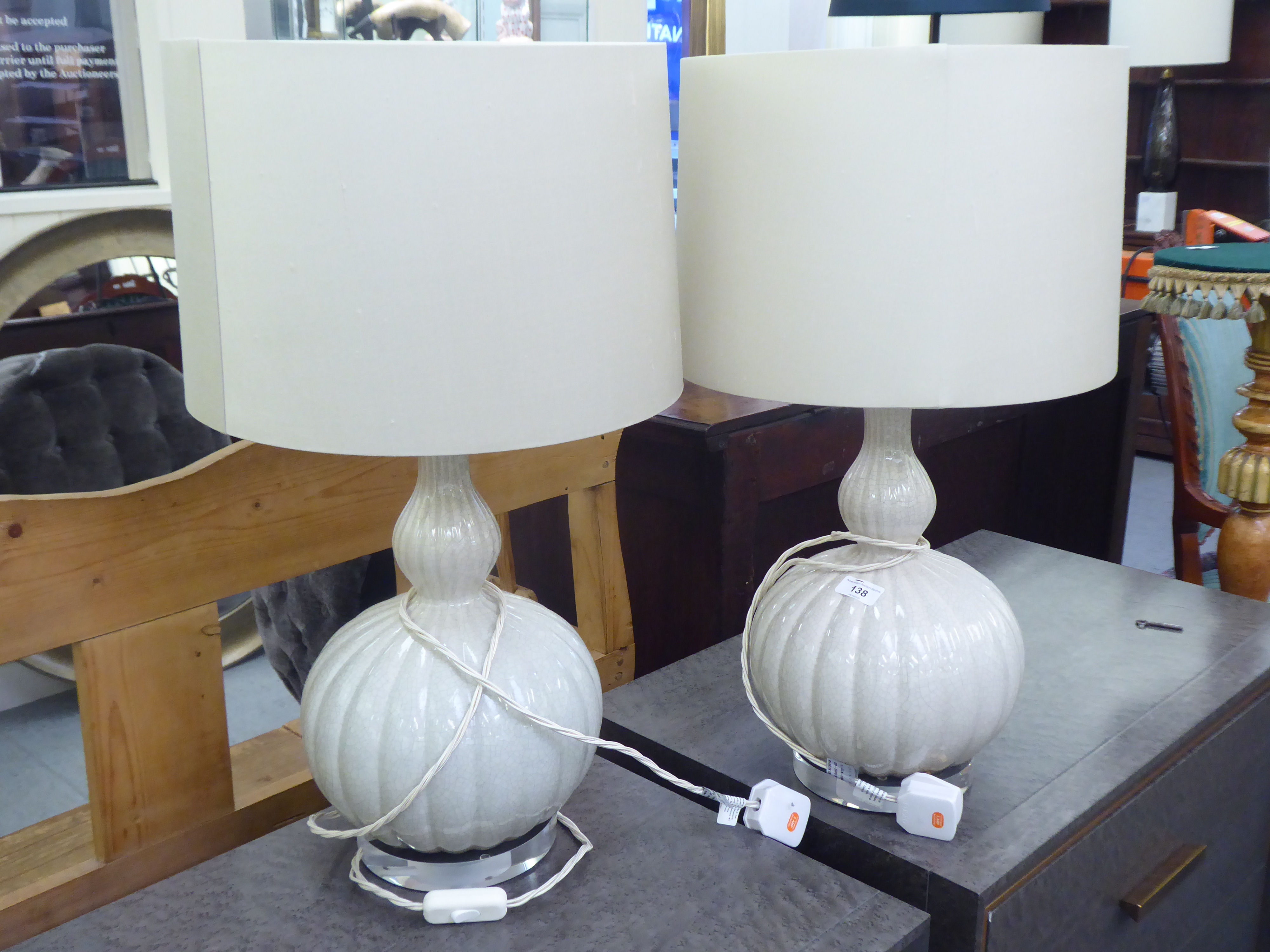A pair of modern white glazed pottery, double gourd table lamps  16"h