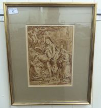 Late 19thC Continental School - figures in a courtyard  sepia watercolour  11" x 8"  framed