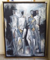 A modern abstract study of four standing figures  oil on panel  37" x 27"  framed