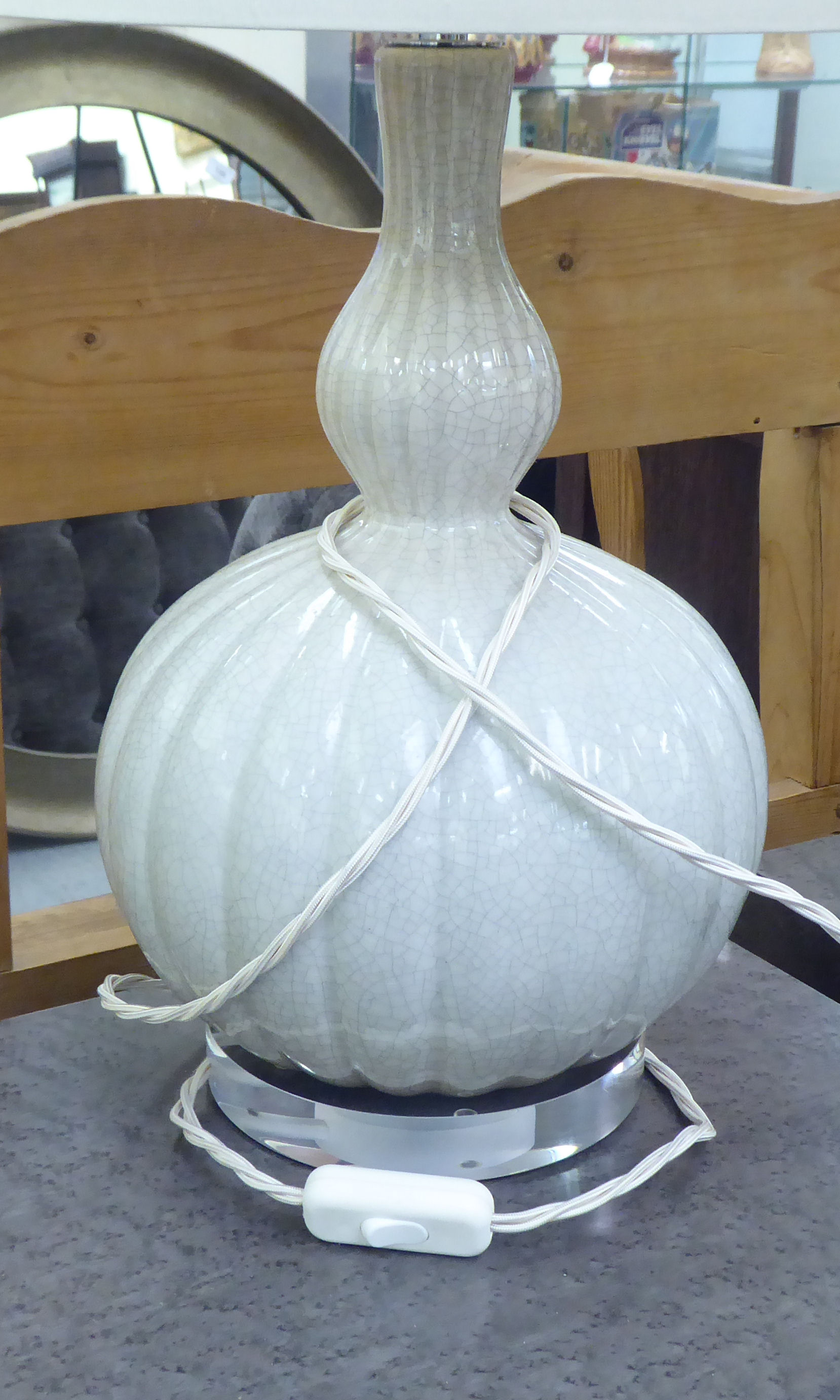 A pair of modern white glazed pottery, double gourd table lamps  16"h - Image 2 of 3