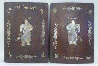 A pair of Chinese hardwood panels, inlaid in engraved mother-of-pearl, depicting warriors bearing