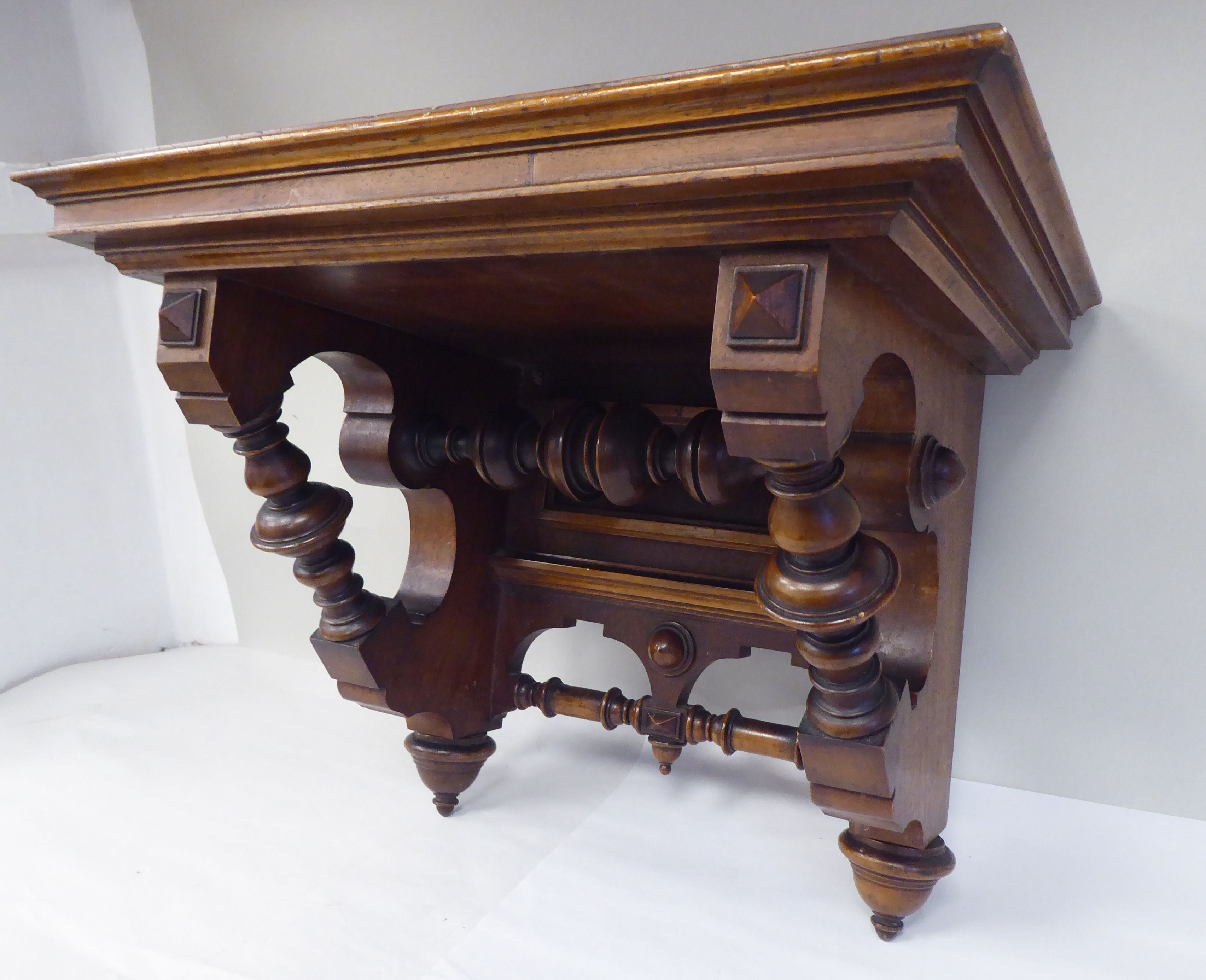 A late Victorian walnut clock bracket, the platform top over a series of elaborately turned supports - Image 3 of 4