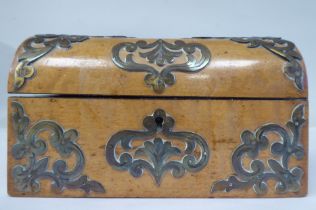 A late 19thC satinwood desktop ink casket with straight sides and a domed, hinged lid, embellished