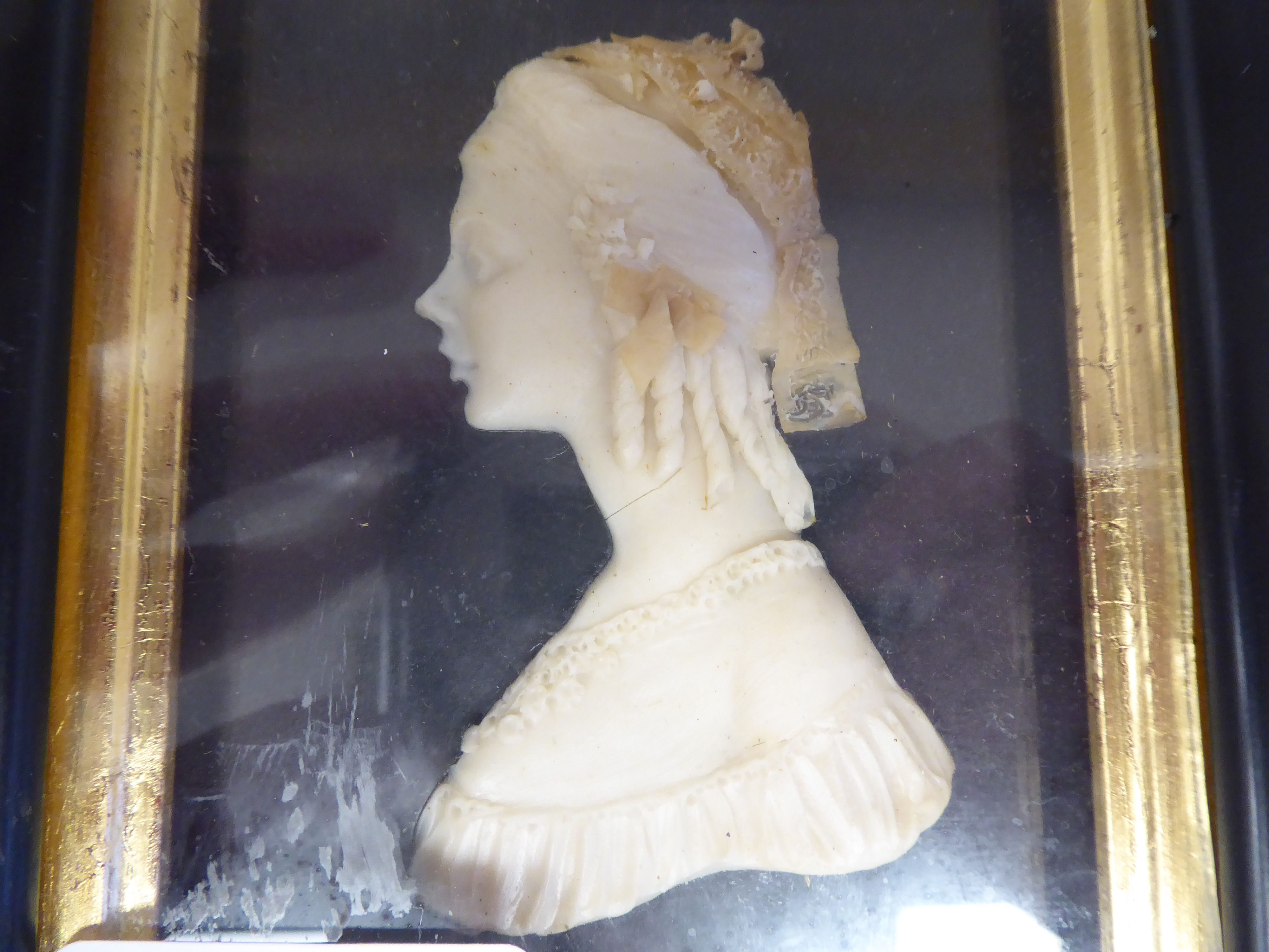 A pair of 19thC carved wax head and shoulders profile portraits, a bewhiskered man and a young - Image 3 of 7