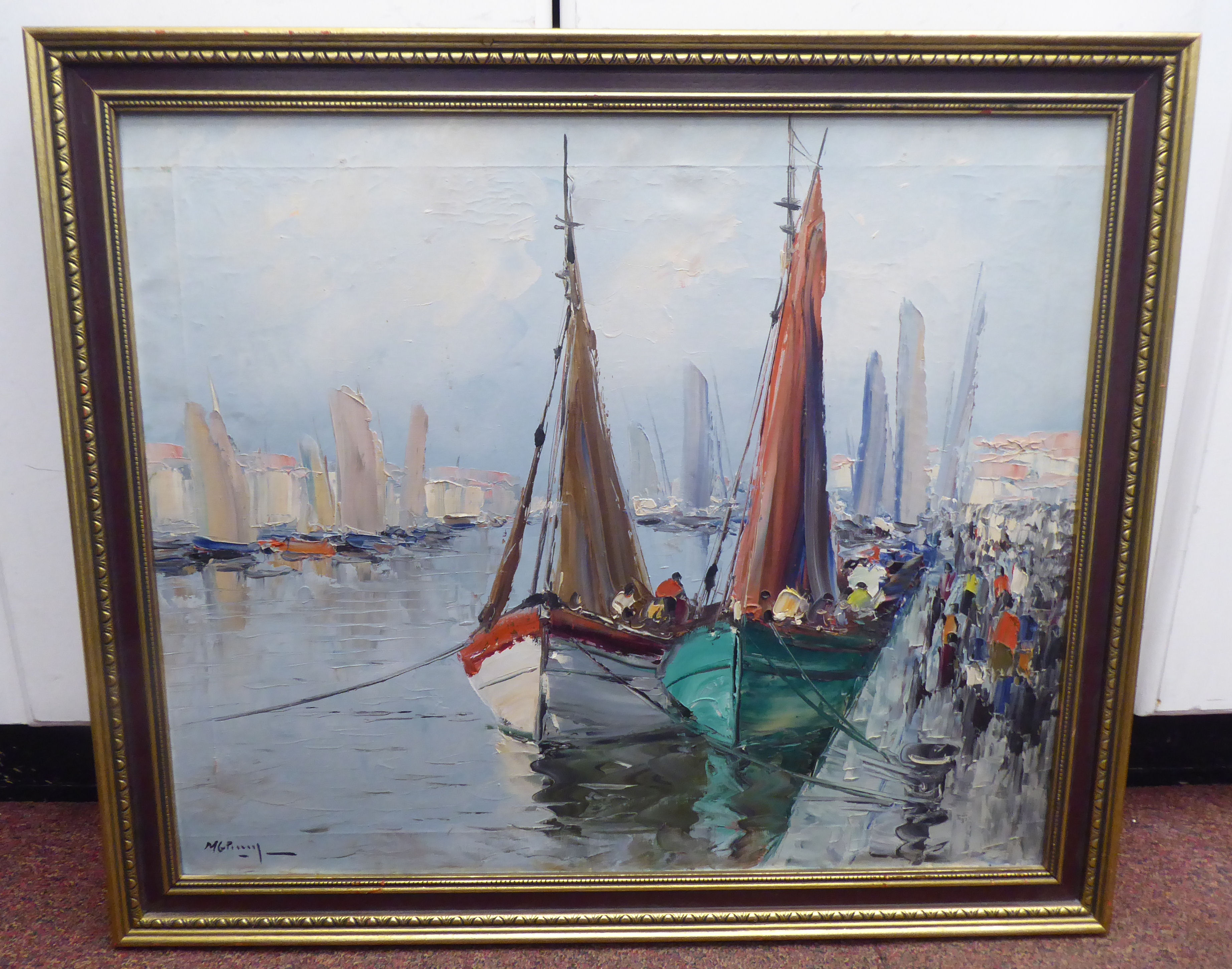 A Metropolitan harbour scene  oil on canvas  bears an indistinct signature  20" x 23"  framed
