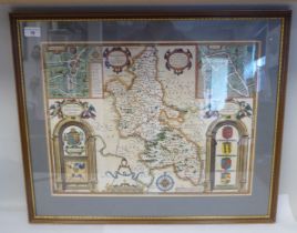 A 17thC John Speed coloured county map 'Buckingham Both Shyre and Shire' incorporating birdseye