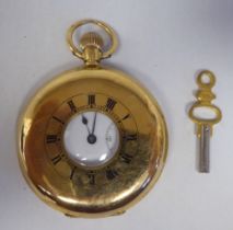 An 18ct gold cased half-hunter pocket watch, the movement faced by a white enamel Roman dial,