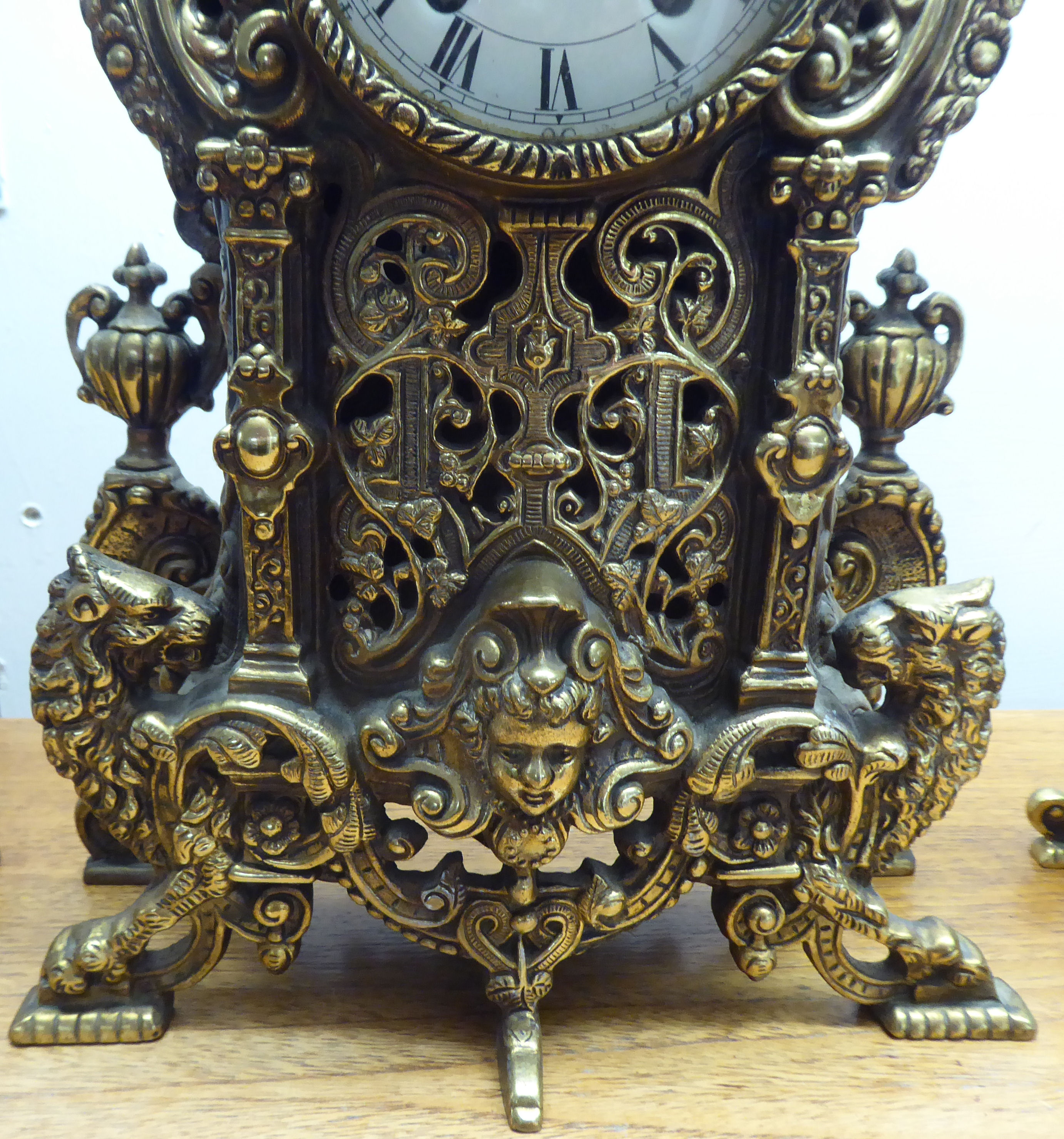 A mid 20thC mantel clock, the brass case profusely decorated in Empire style; the 8 day movement - Image 4 of 14