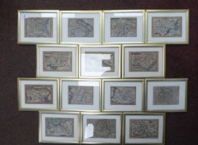 Fourteen framed 17thC and later coloured miniature maps: to include 'Poland' 'Gasconia' 'Italy'