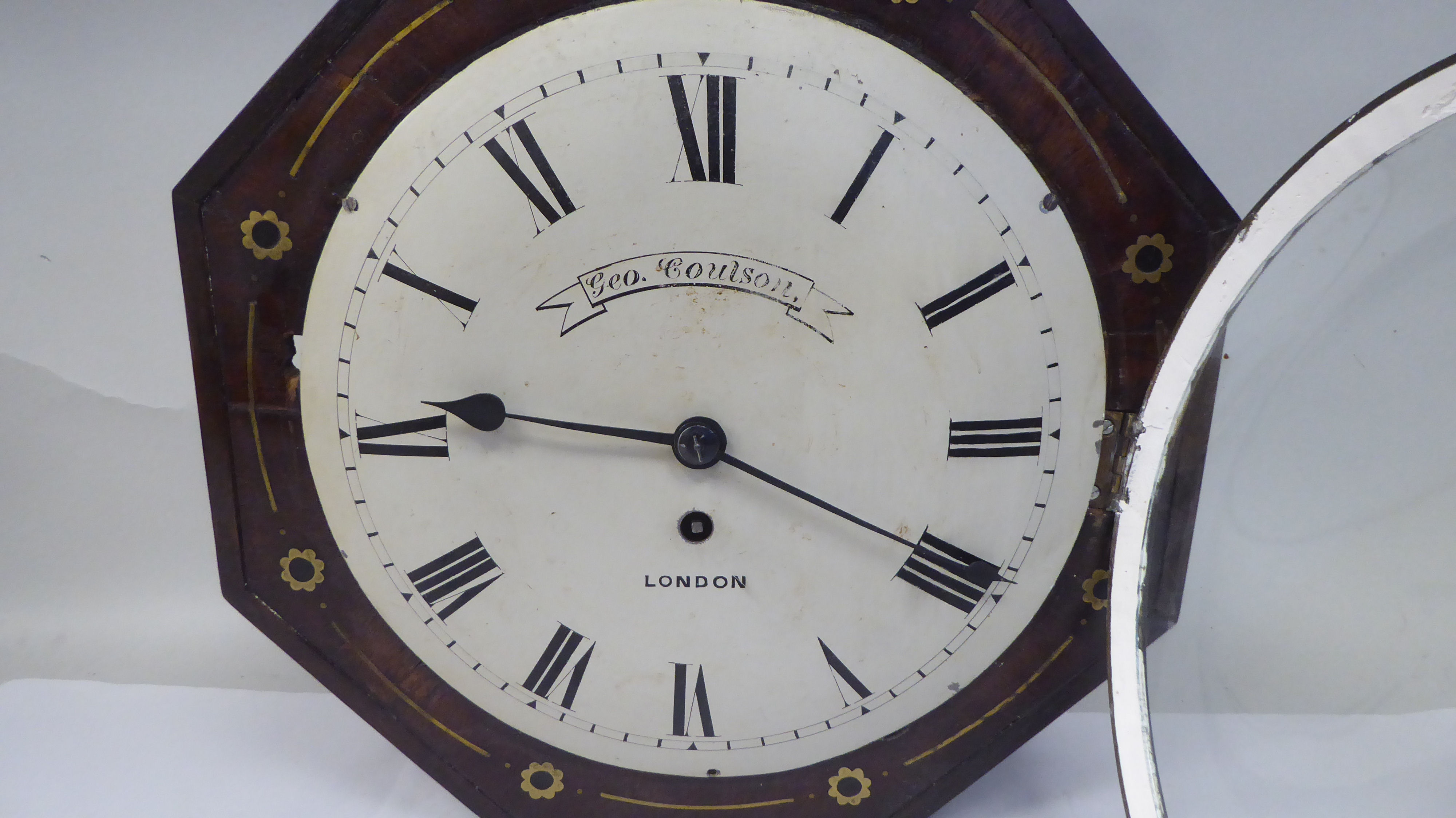 A 19thC brass inlaid mahogany cased octagonal wall timepiece; the fusee pendulum movement faced by a - Image 2 of 9