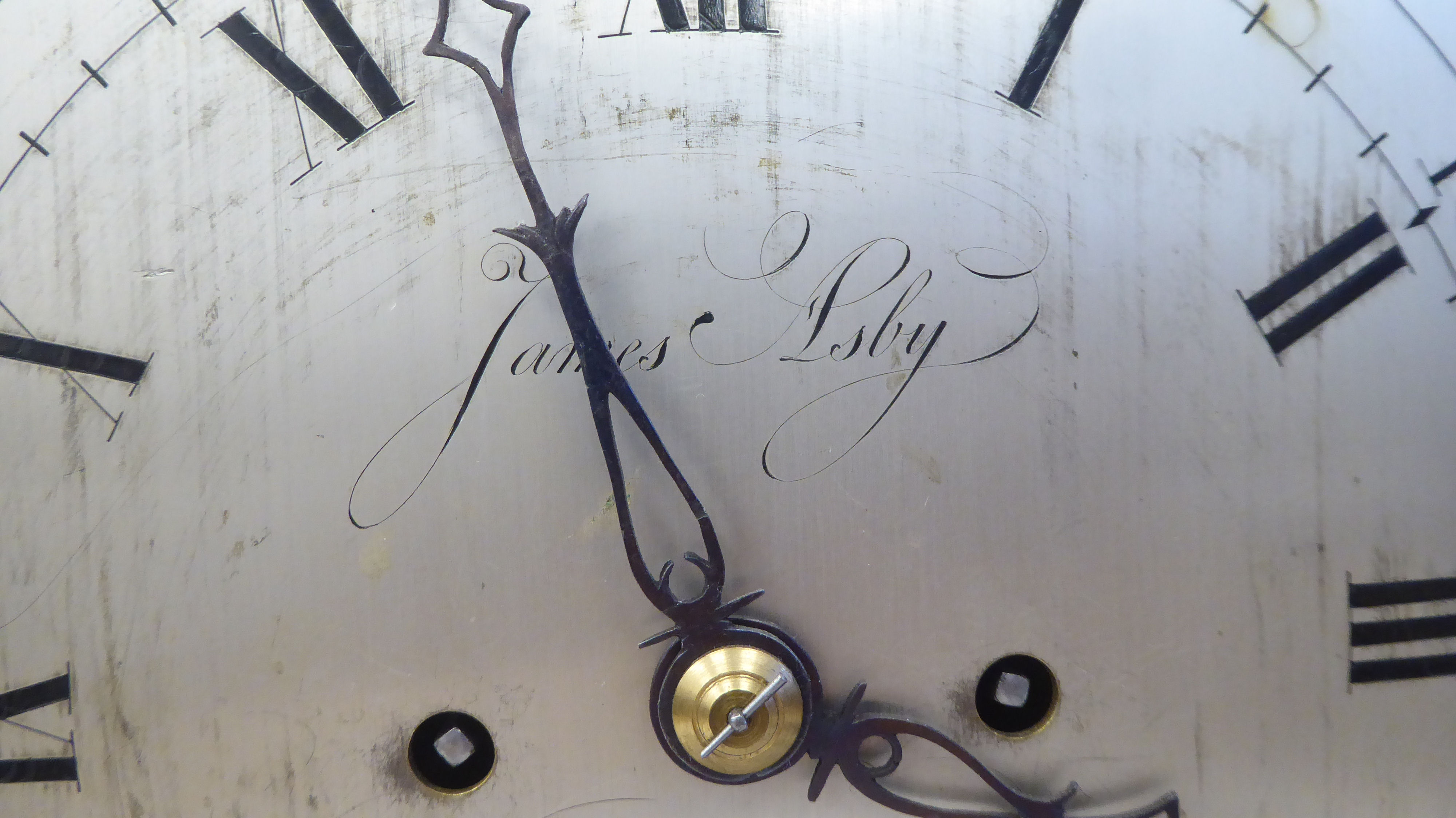 A George III James Asby, London, ebonised brass mounted bracket clock with pineapple finials and a - Image 3 of 10