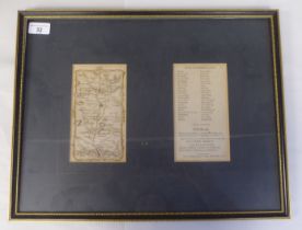 A 19thC coloured road map 'Northumberland' and a schedule of locations on-route  13" x 17"