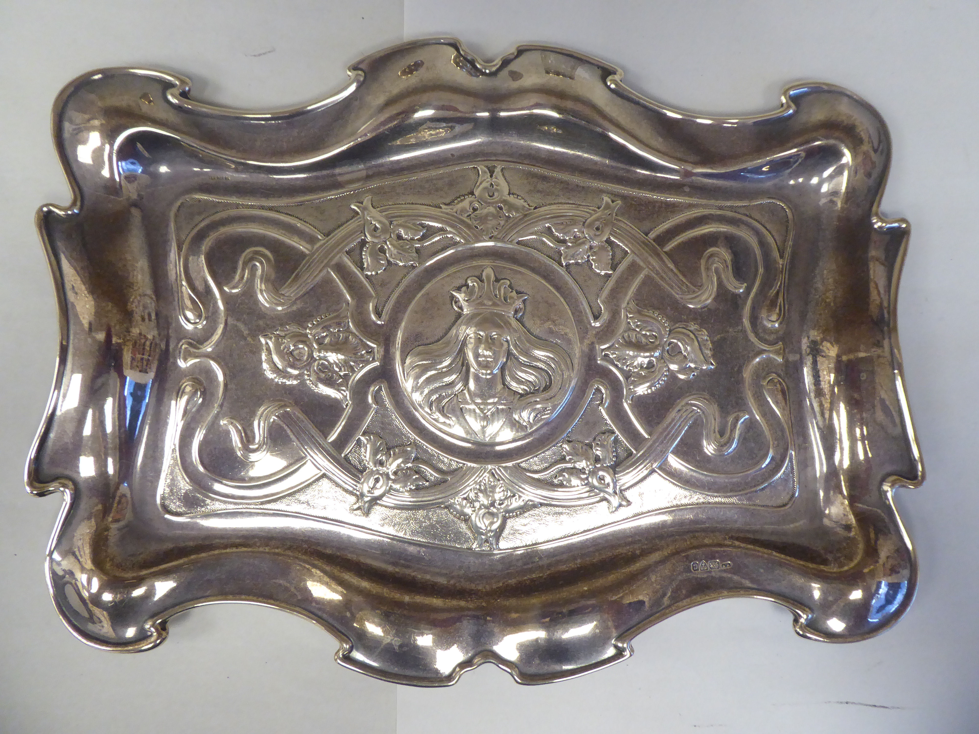 An Art Nouveau period silver four piece dressing table set tray, featuring a maidens crowned - Image 3 of 10