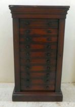 An early Victorian diminutive mahogany  Wellington chest with ten drawers, on a plinth  28"h  16"w