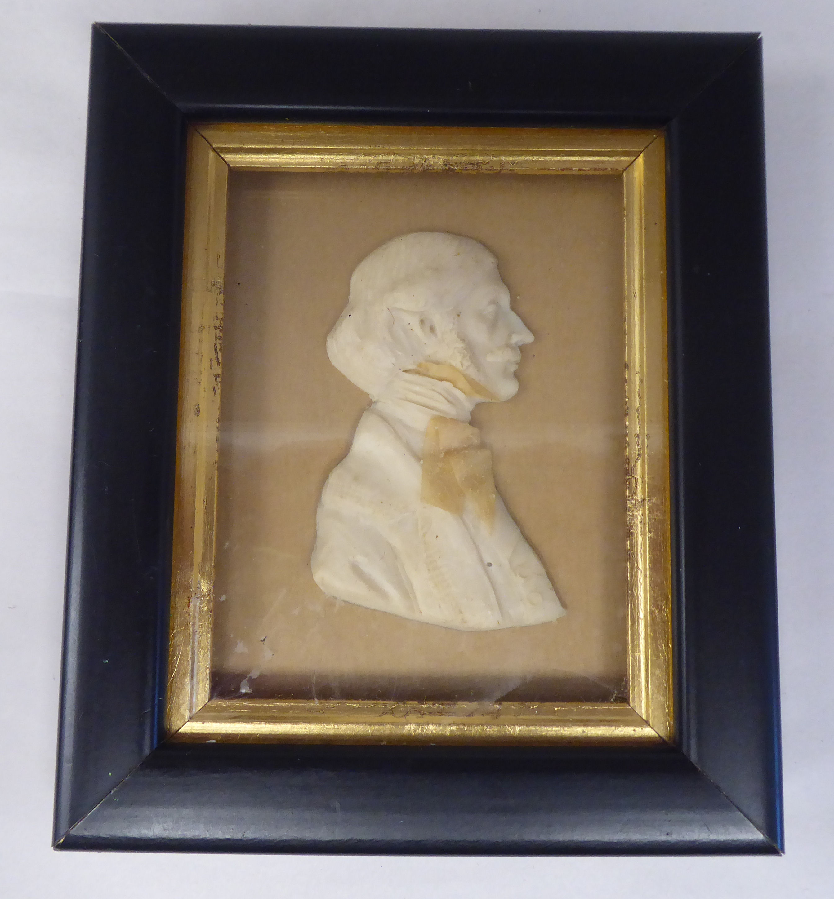 A pair of 19thC carved wax head and shoulders profile portraits, a bewhiskered man and a young - Image 5 of 7