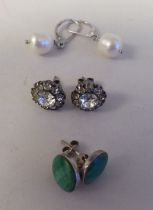 Three pairs of white metal earrings, viz. one pair set with malachite cabochons  stamped 925;