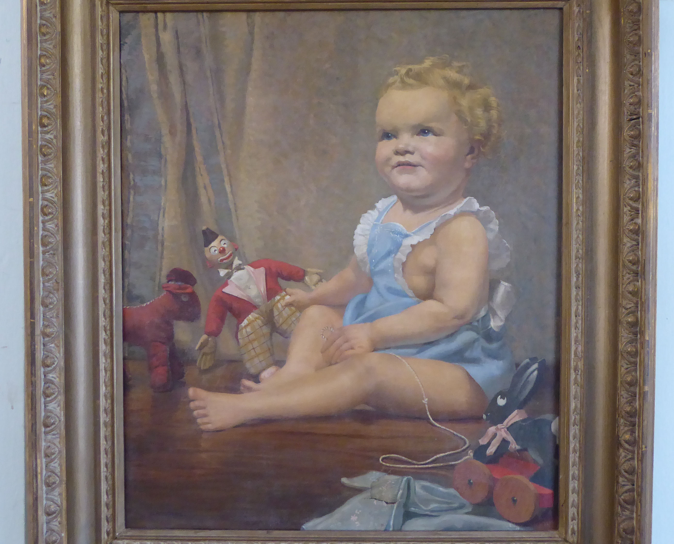 Marjorie Rodgers - a study of a young child playing with toys  oil on canvas  bears a signature - Image 2 of 9