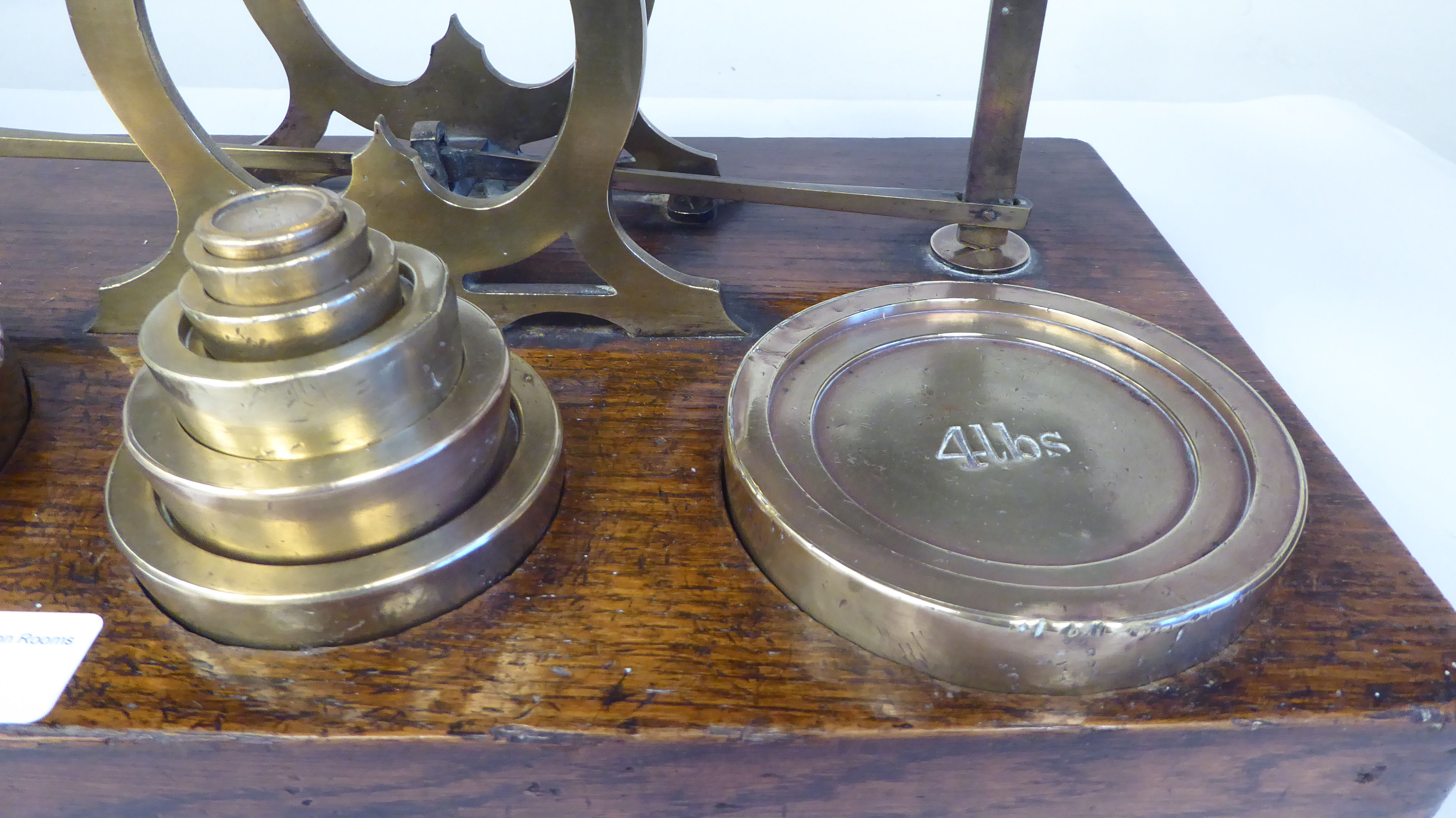 Late Victorian S.Mordan & Co, London, lacquered brass beam balance postal scales, attached to an oak - Image 5 of 9