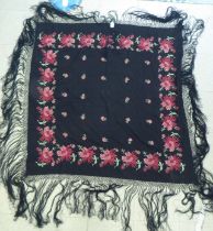 An embroidered Black fabric piano shawl, decorated with flora  48"sq