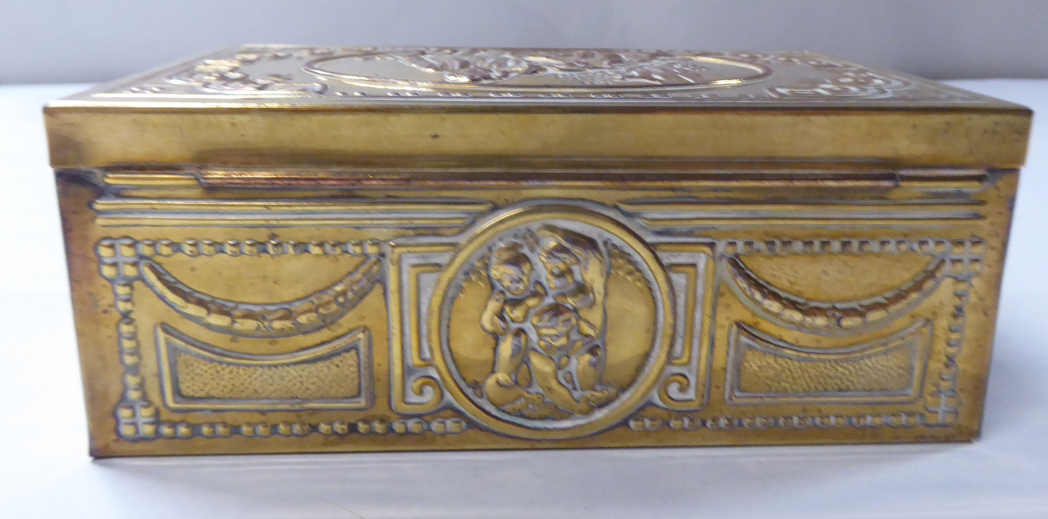 A late 19thC cast gilded metal jewellery box, fashioned as a commode, the hinged lid enclosing a - Image 8 of 10