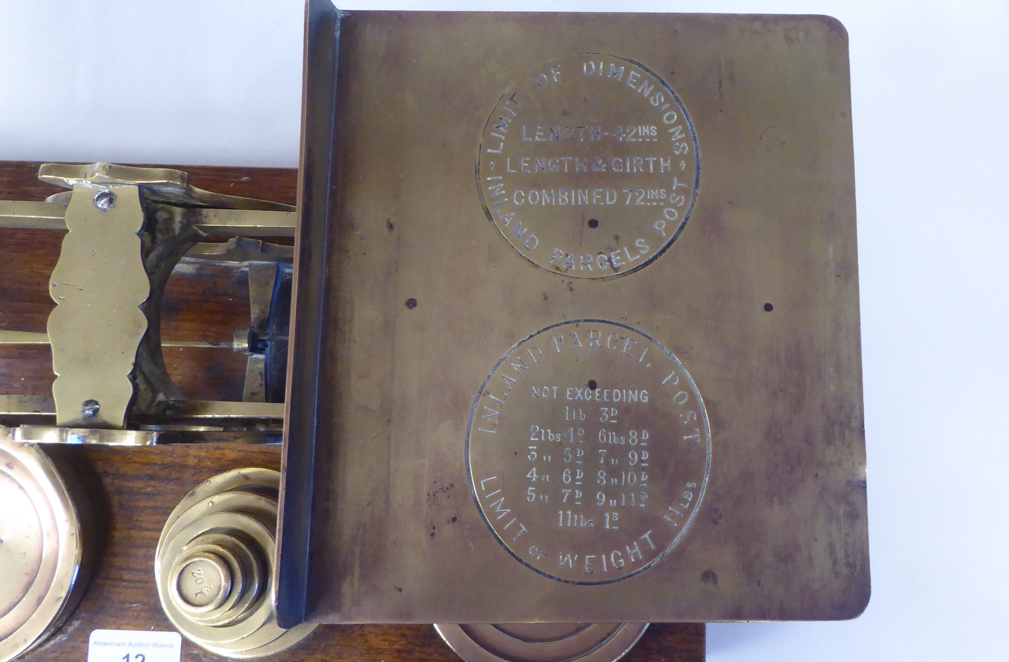 Late Victorian S.Mordan & Co, London, lacquered brass beam balance postal scales, attached to an oak - Image 3 of 9