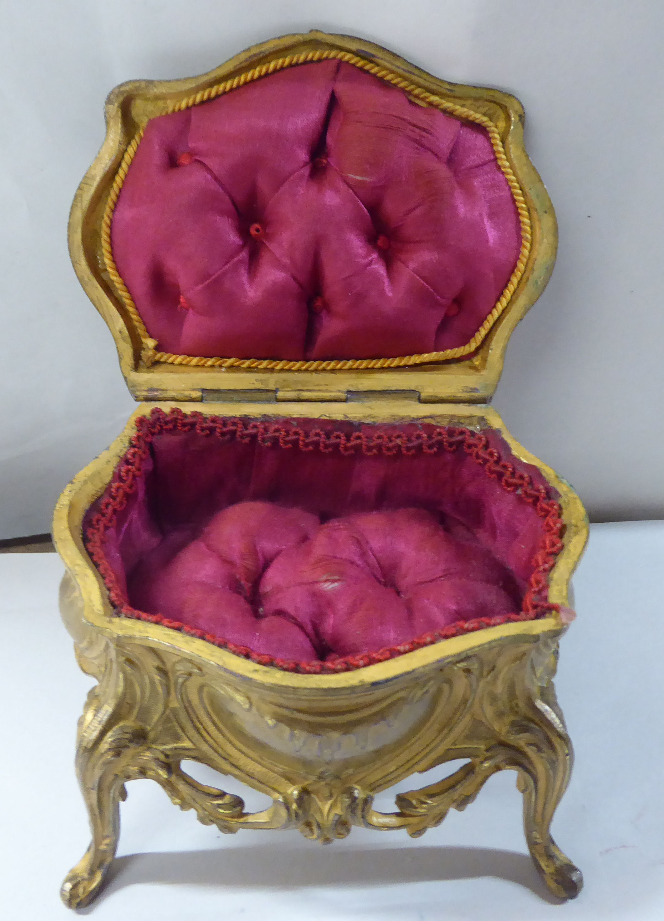 A late 19thC cast gilded metal jewellery box, fashioned as a commode, the hinged lid enclosing a - Image 3 of 10