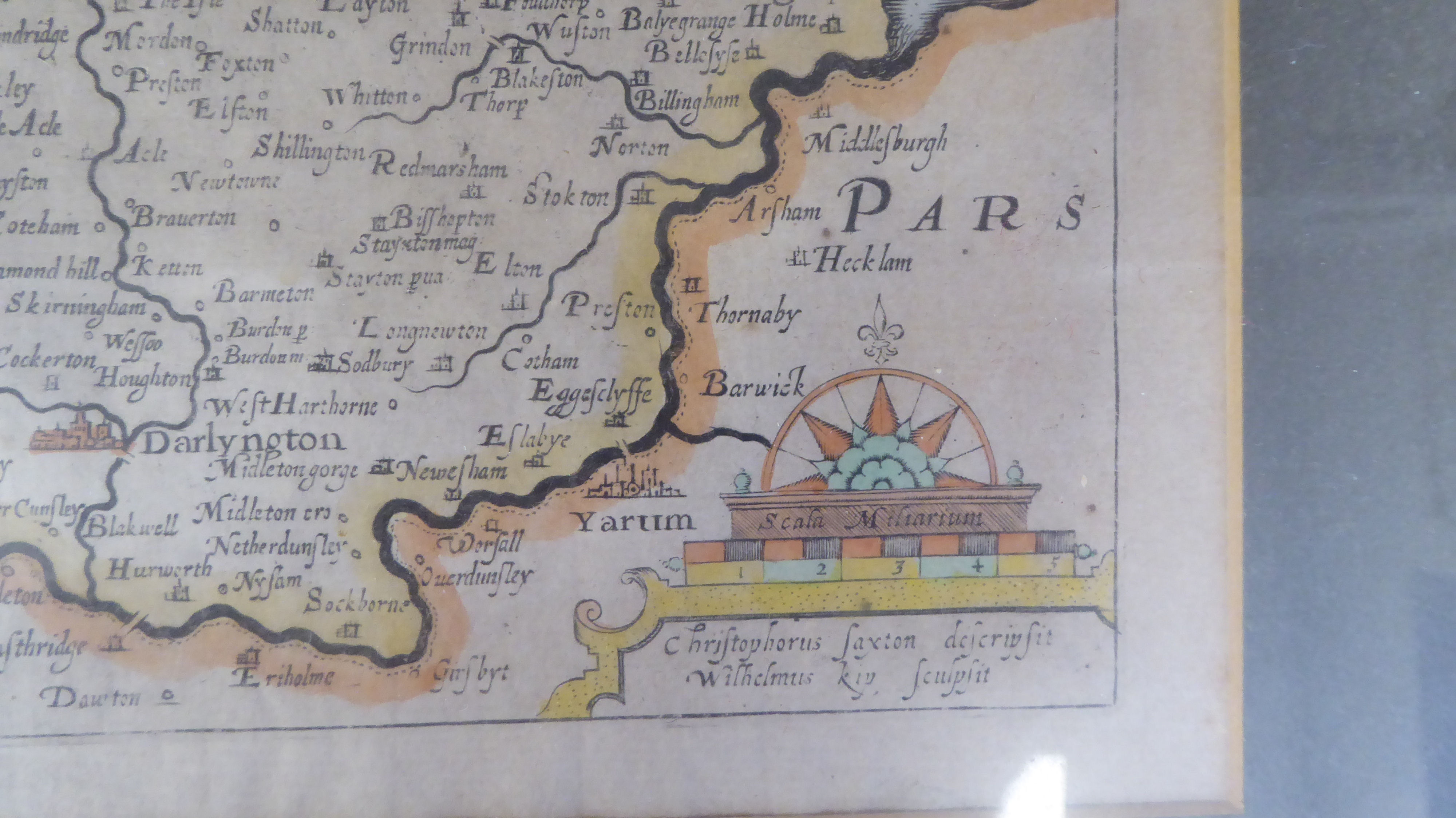 A 17thC Christopher Saxton coloured county map 'Dvnelmensis....Brigantvm' incorporating a ship in - Image 4 of 4