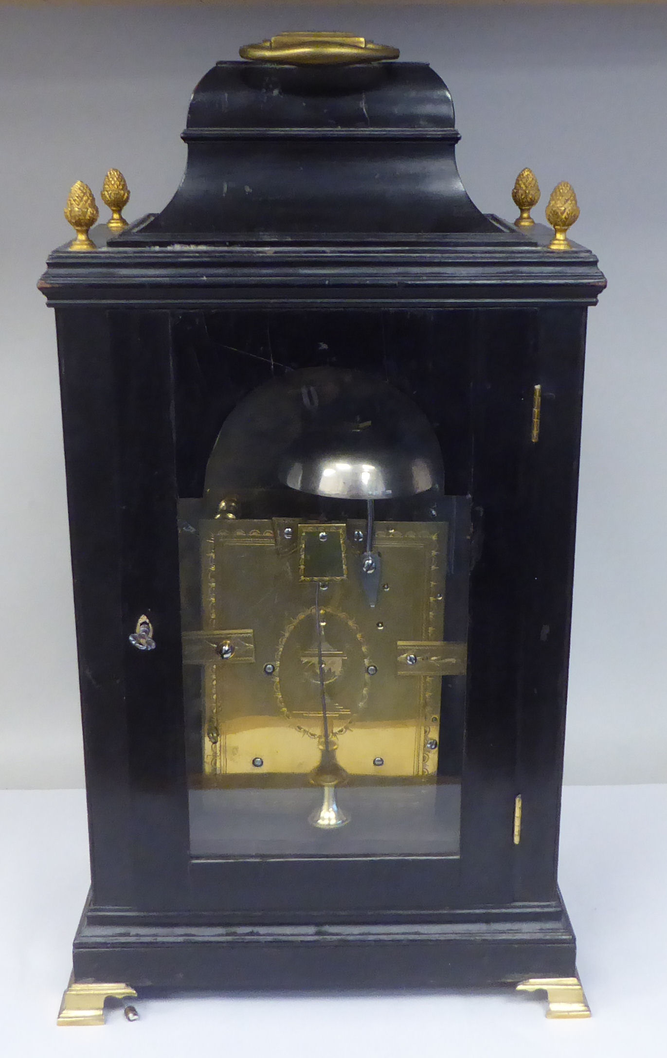 A George III James Asby, London, ebonised brass mounted bracket clock with pineapple finials and a - Image 6 of 10