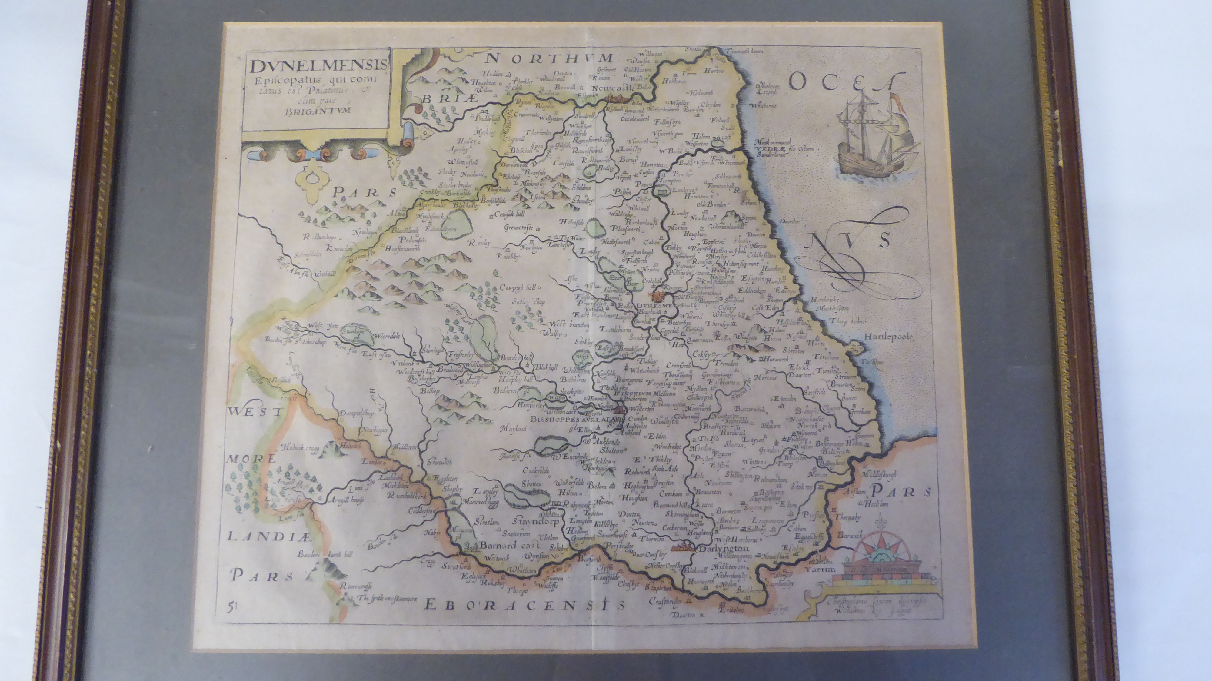 A 17thC Christopher Saxton coloured county map 'Dvnelmensis....Brigantvm' incorporating a ship in - Image 2 of 4