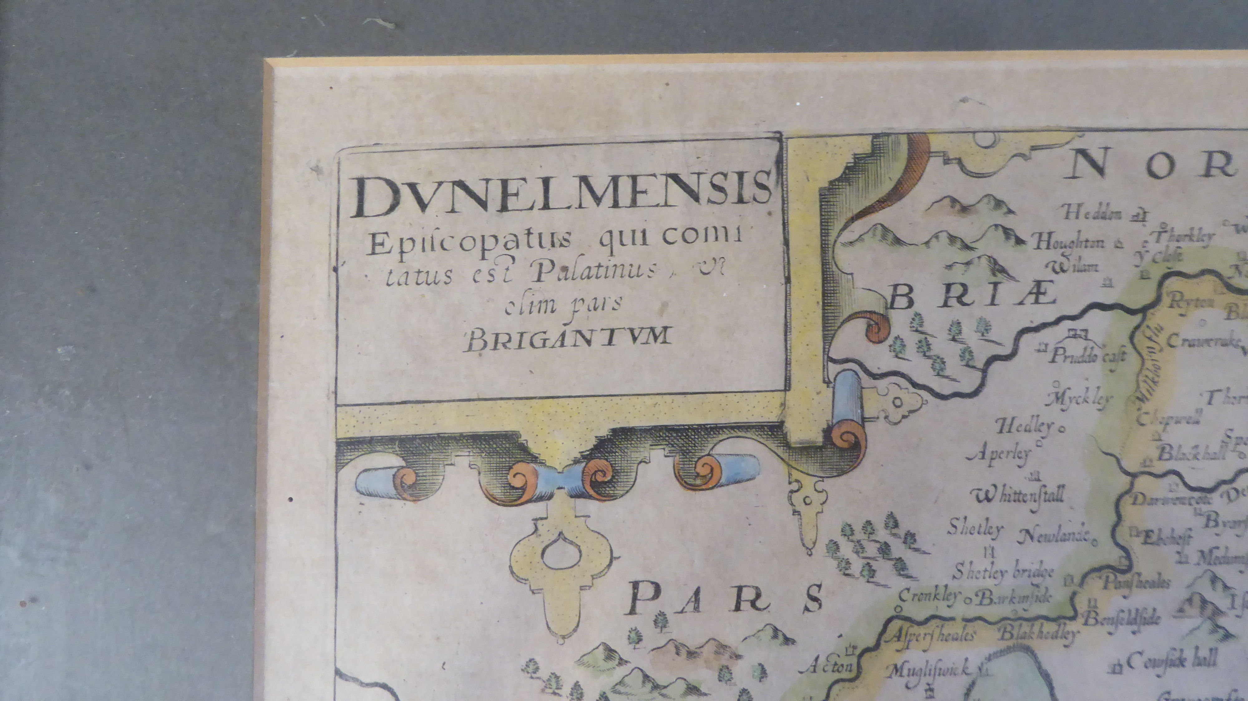 A 17thC Christopher Saxton coloured county map 'Dvnelmensis....Brigantvm' incorporating a ship in - Image 3 of 4