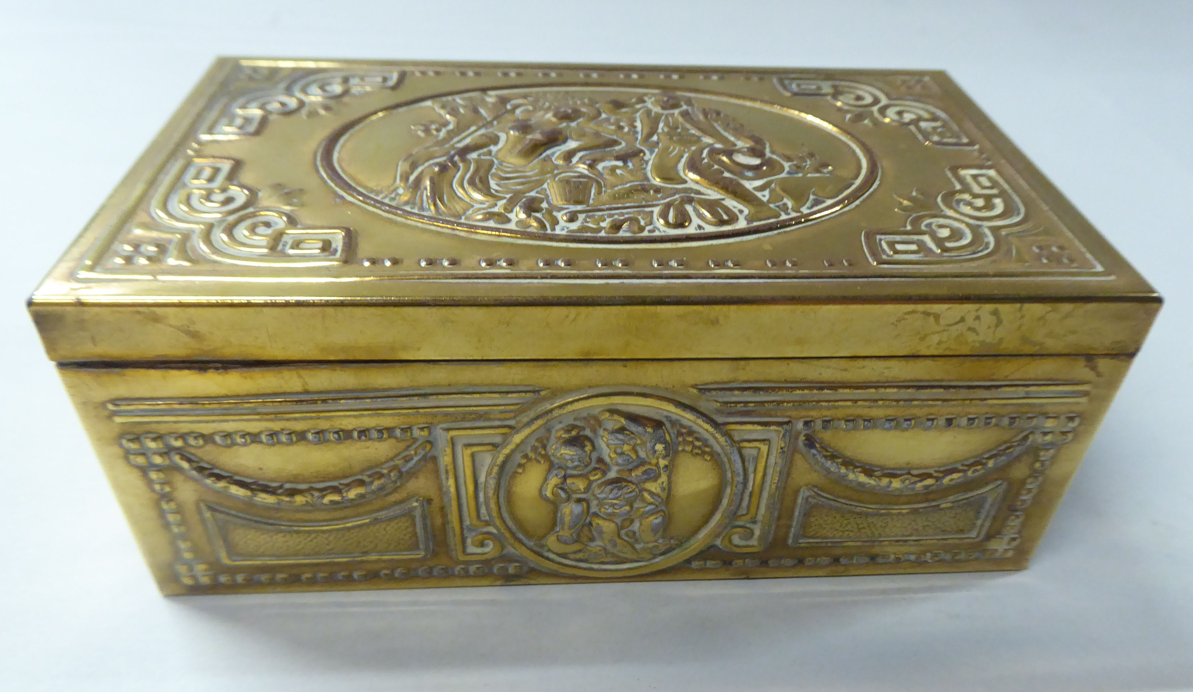 A late 19thC cast gilded metal jewellery box, fashioned as a commode, the hinged lid enclosing a - Image 6 of 10