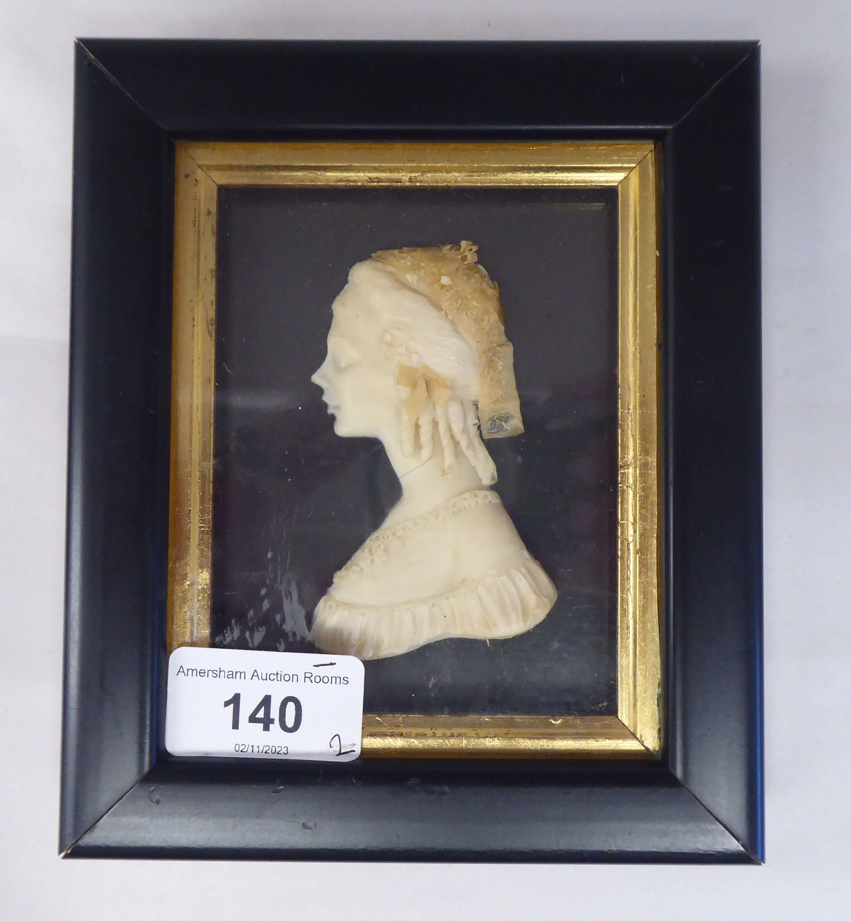 A pair of 19thC carved wax head and shoulders profile portraits, a bewhiskered man and a young - Image 2 of 7