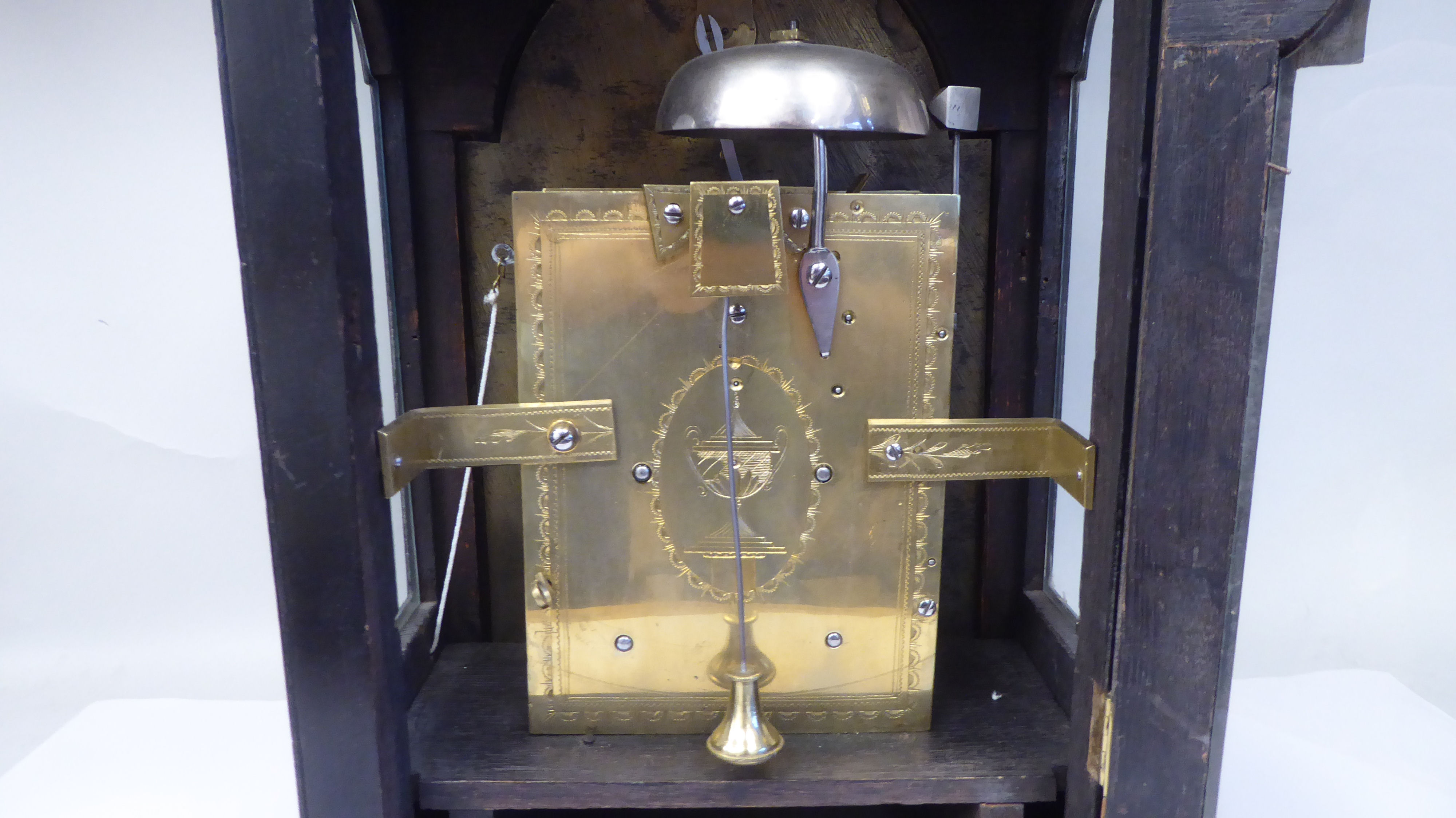 A George III James Asby, London, ebonised brass mounted bracket clock with pineapple finials and a - Image 7 of 10